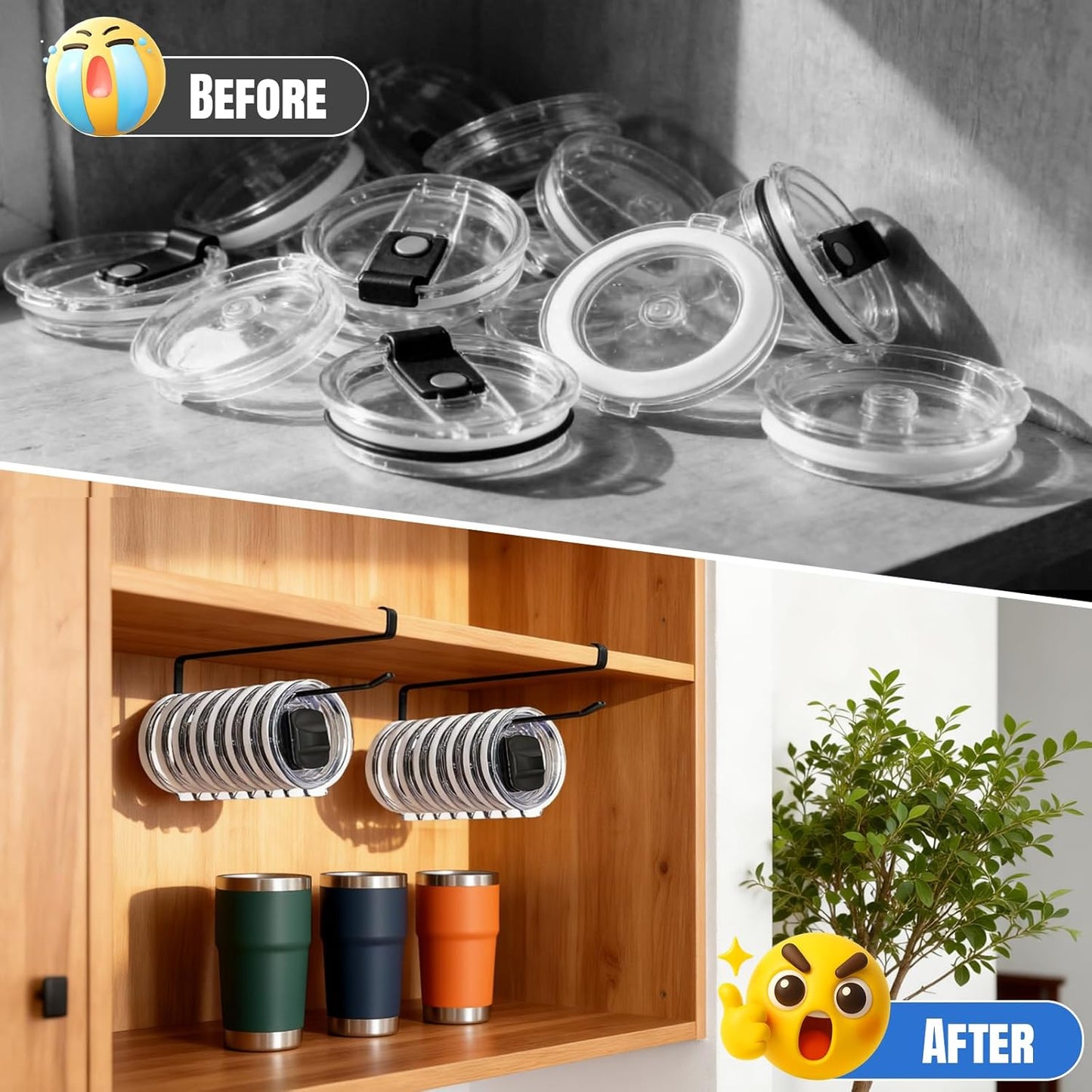 2 Pack Tumbler Lid Organizer, Versatile Cup & Water Bottle Lid Holder, Upgraded Kitchen Space Saver & Under Cabinet Storage, No Adhesive or Drilling Needed, Multi-Use Tumbler Lid Holder, Black