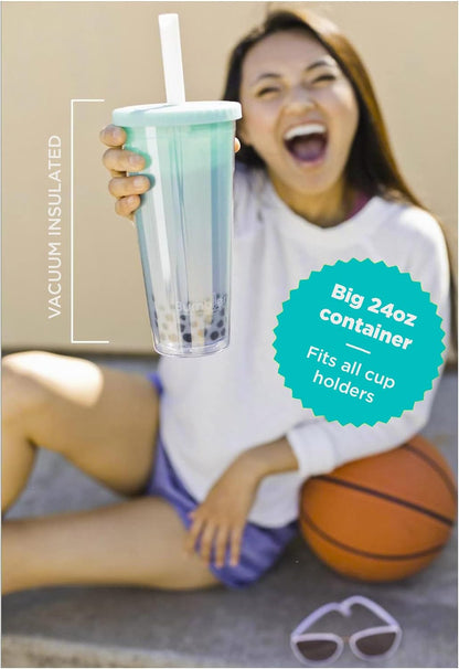 Bumbler Original Boba Tea Cup - 24oz Double-Walled Plastic Reusable Tumbler with Extra Wide Straw & Leak-Proof Lid - BPA-Free Smoothie & Iced Coffee Travel Mug - Blush Pink