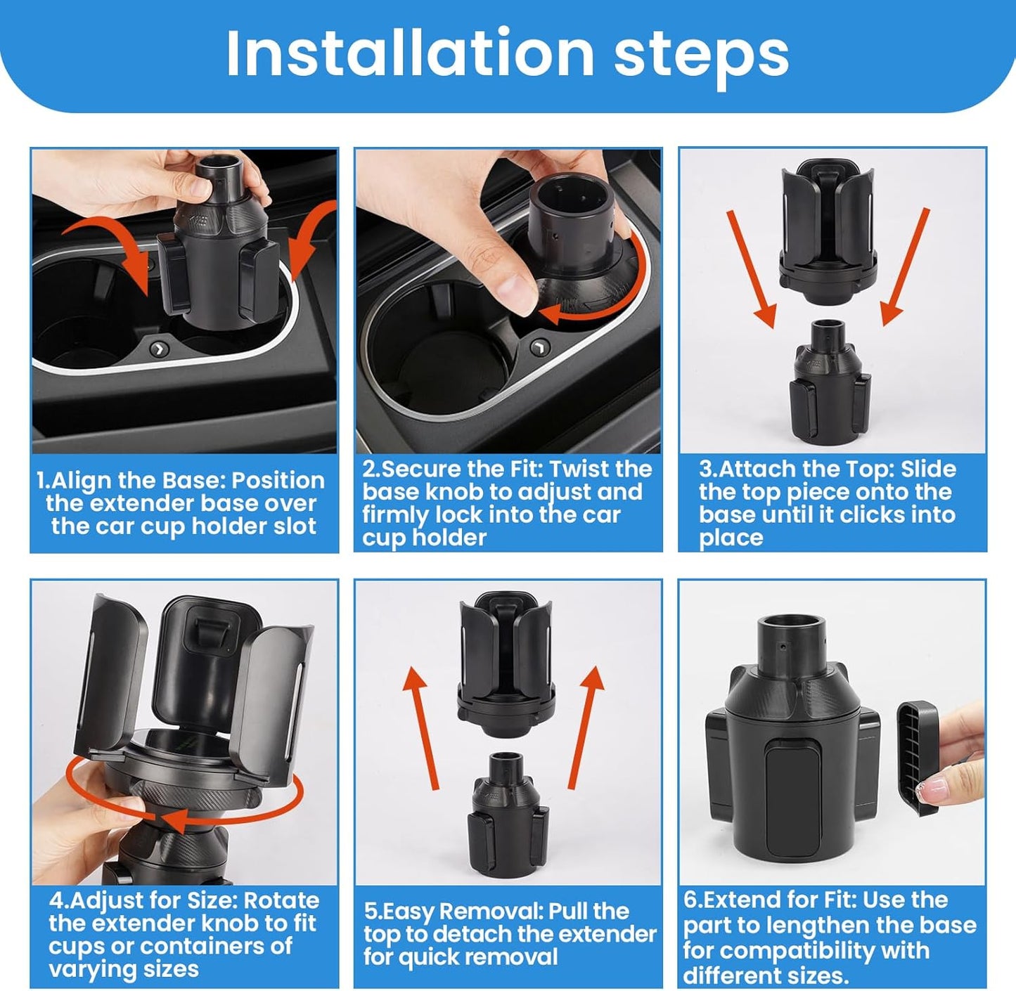 Cup Holder Expander for Car with Adjustable Holder & Base, Compatible with 10 to 64 oz Yeti Ramblers, Stanley, Hydro Flask, Nalgene, Hold 2.9" to 5.5" Large Bottles Mugs Food Drink, Car Cup Holder