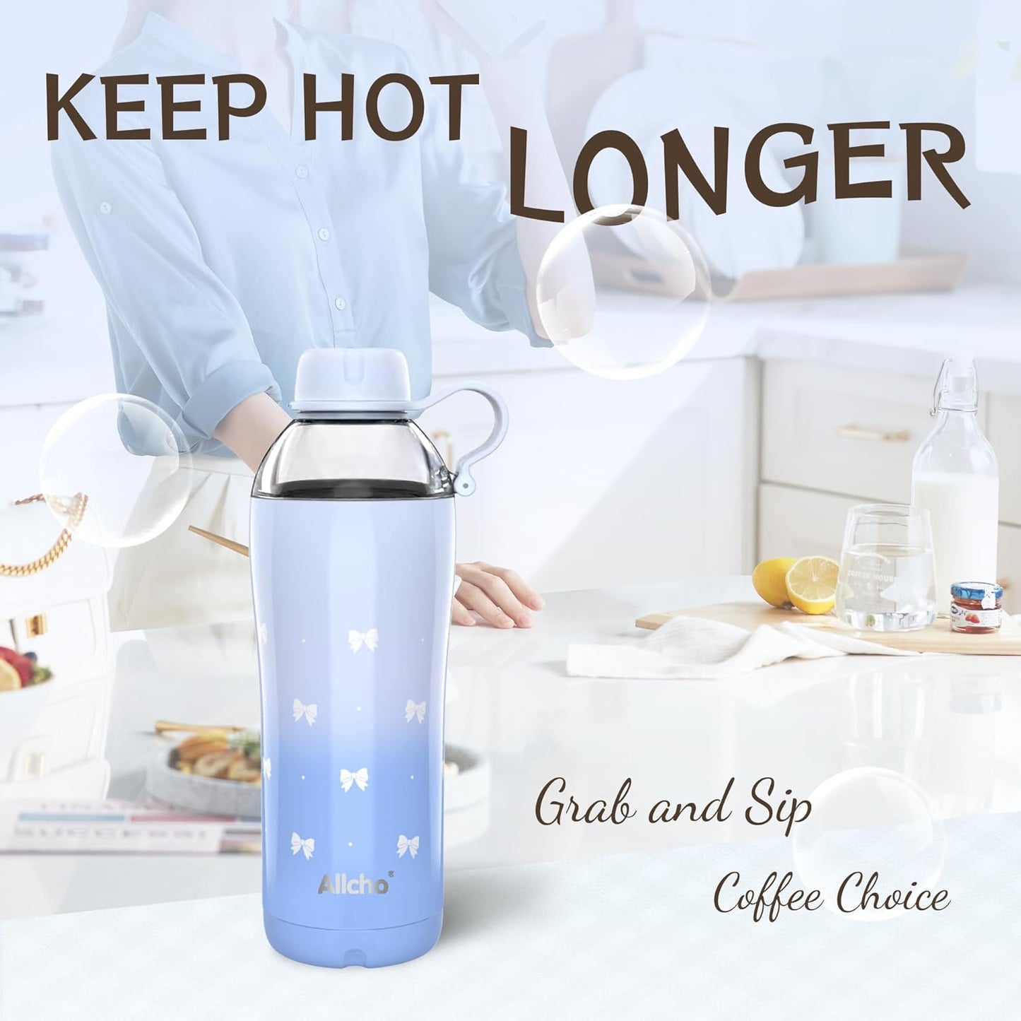 Allcho Insulated Water Bottle for Women, 18oz Stainless Steel Leak Proof Tumbler with 2 Lids, BPA-Free Tritan Chug & Straw Lid, Double Wall Vacuum Flask