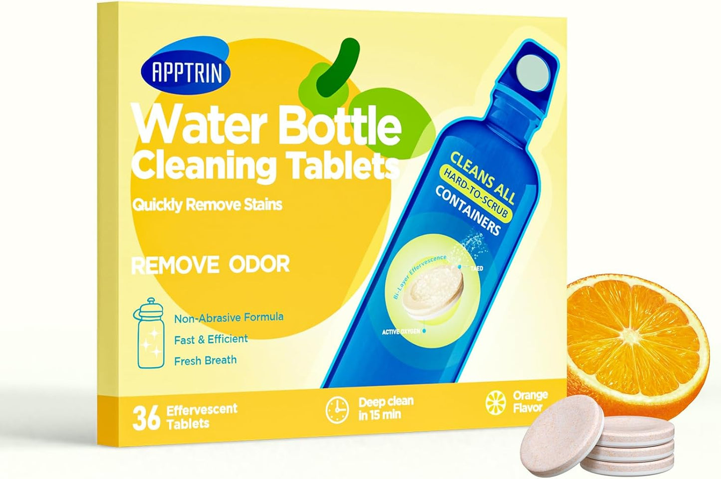 Water Bottle Cleaning Tablets, 36 Pack Bottle Clean Tablet Hydration Bladder Cleansing Tablets,Individually Packed, Orange Flavor