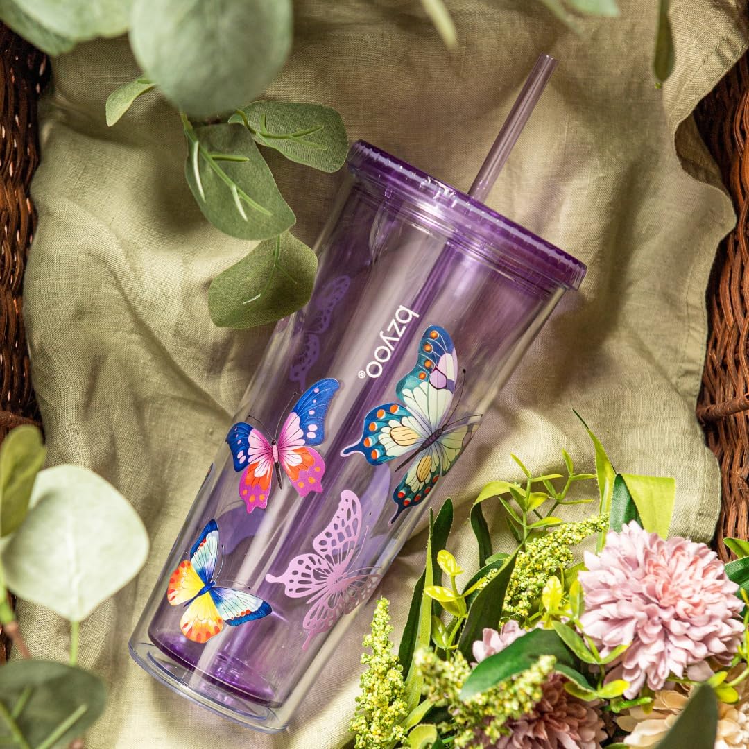 bzyoo SIP 24oz (710ml) Double Wall Plastic Tumbler with Lid and Straw Cold Drink Travel Mug Reusable Party Cup Perfect for Office Ice Coffee or Tea and Gift Color: Pink & Purple