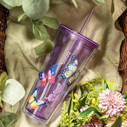 bzyoo SIP 24oz (710ml) Double Wall Plastic Tumbler with Lid and Straw Cold Drink Travel Mug Reusable Party Cup Perfect for Office Ice Coffee or Tea and Gift Color: Pink & Purple