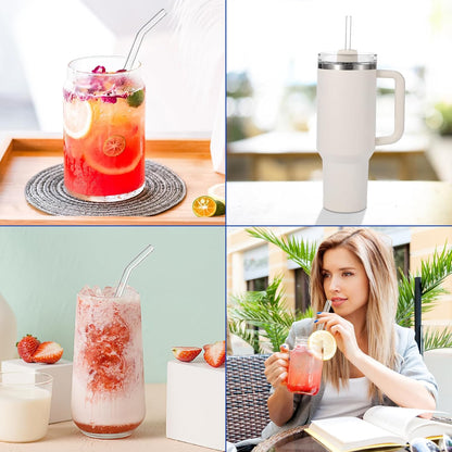 [12 Pcs] Reusable Glass Straws Shatter Resistant - 11" x 8mm and 9" x 8mm Clear Straws Each Including 3 Straight and 3 Bent with 2 Cleaning Brush for 30 oz and 20 oz Tumblers Juice Coffee Cocktail Tea