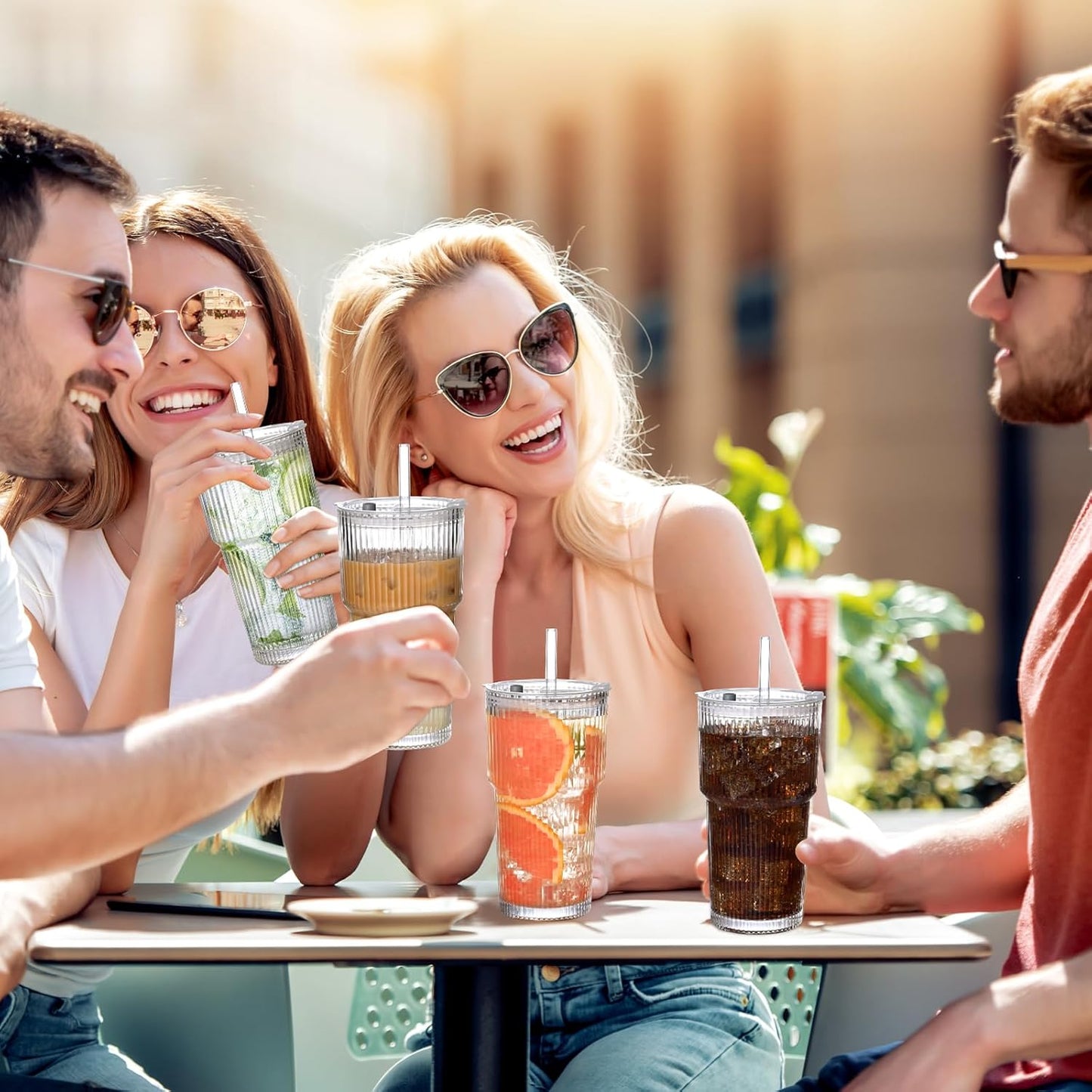 20oz Ribbed Glass Cups with Lids and Straws,1PCS Glass Tumbler with Straw and Lid,Iced Coffee Cups Drinking Glasses for Juice Whiskey Cocktail Beer