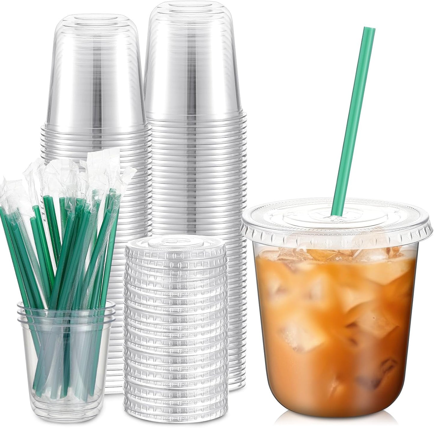 Baderke 25 Set Plastic Cups with Lids and Straws, Disposable Plastic Iced Coffee Cup for Cold Beverage Juice Smoothie Crystal for Coffee Shops Party Catering(Clear,16 oz)