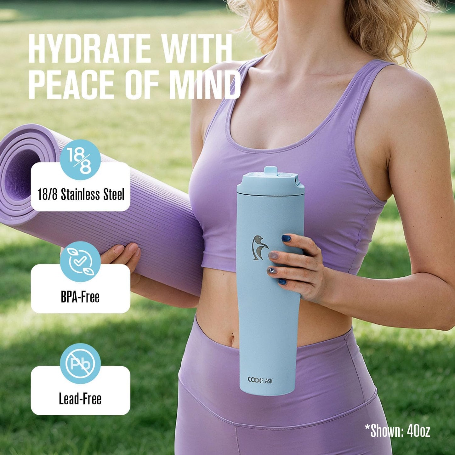 Coolflask Water Bottle 40 oz Fits Car Cup Holder, Slim Tumbler Stainless Steel with Straw & Handle, Vacuum Flask Leakproof Wide Mouth for Travel Sports Gym, Black