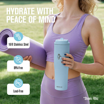 Coolflask Water Bottle 40 oz Fits Car Cup Holder, Slim Tumbler Stainless Steel with Straw & Handle, Vacuum Flask Leakproof Wide Mouth for Travel Sports Gym, Black