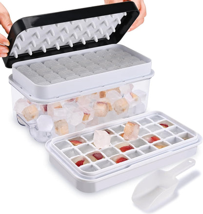 Ice Trays for Freezer with Lid & Bin, Ice Cube Tray Making 64 pcs Ice Cubes, Easy Press to Release Ice, Ice Tray with Storage Bin Chilling Cocktail Whiskey Coffee 2 Trays 1 Ice Bucket & Scoop (Black)