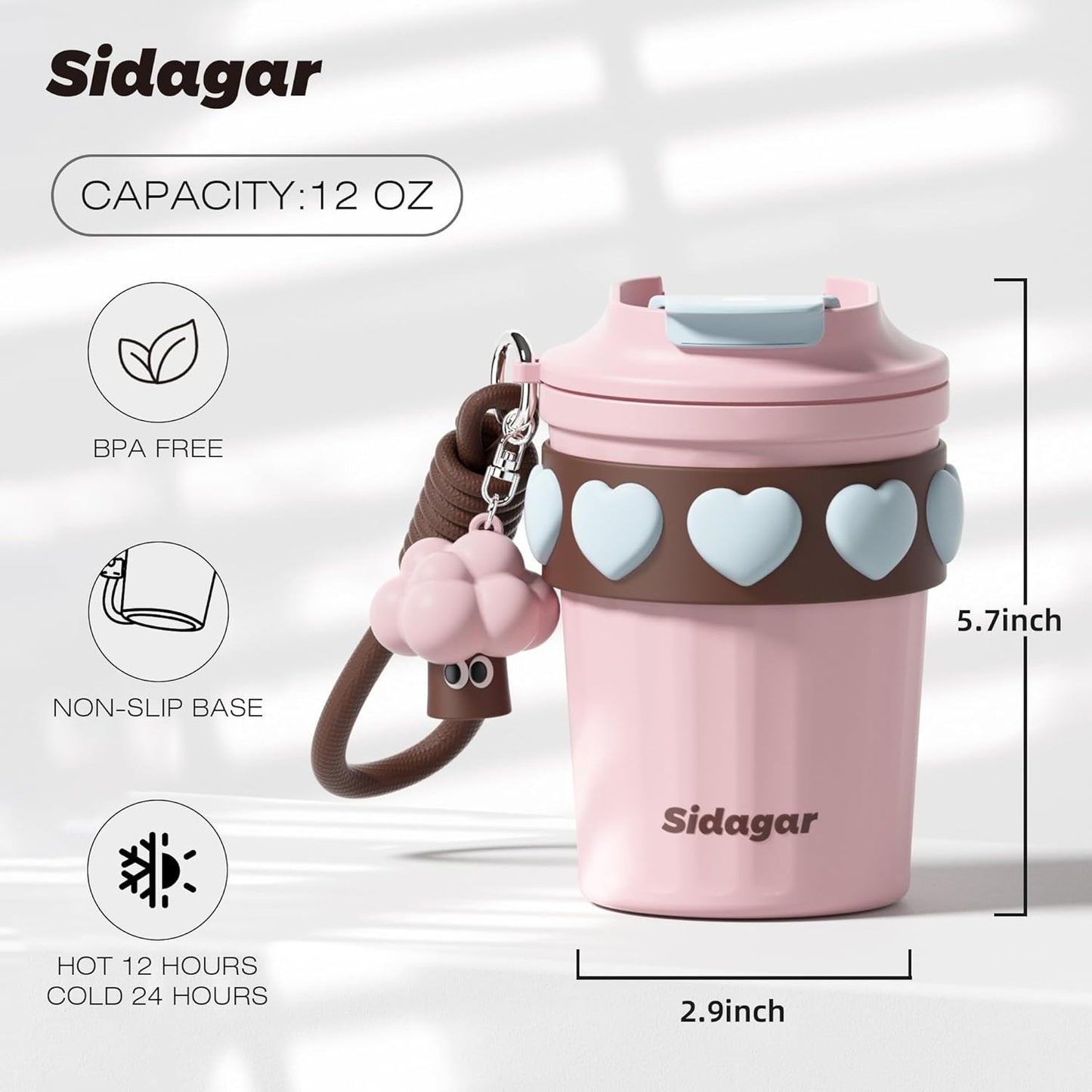 SDGA+ 12 oz Travel Coffee Mug Spill Proof Leak Proof, Stainless Steel Thermal Coffee Cup with Lid, Resuable Cup for Hot and Cold, Portable Tumbler for Women, Light Pink