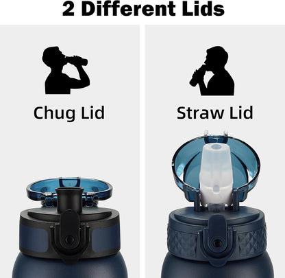 Oldley Insulated Water Bottle 20oz for Adults Kids Stainless Steel Water Bottles with Straw/Chug/Carabiner 3 Lids Fruit Strainer Double Wall Vacuum Wide Mouth BPA Free Leak-Proof for School Travel