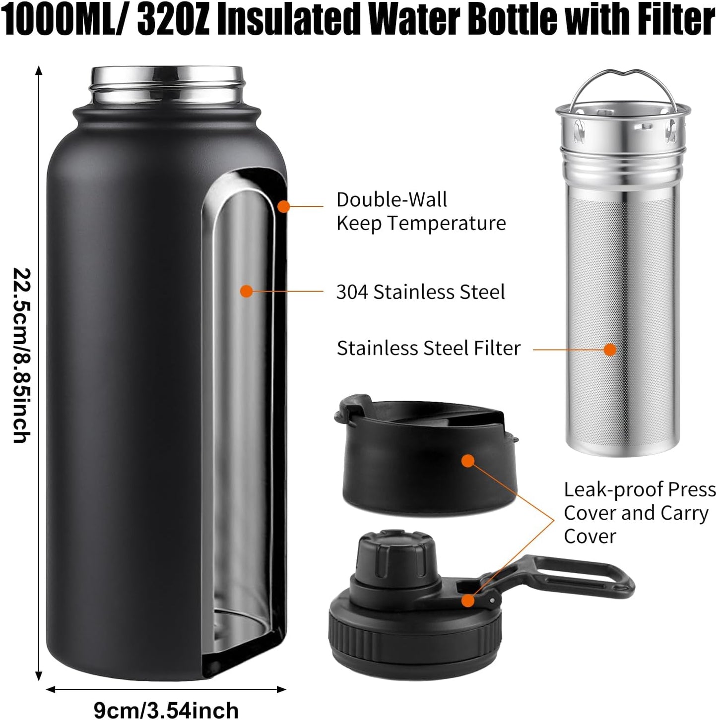 Sivaphe Tea Infuser Bottle With Removable Loose Leaf Tea Strainer Cup 18/8 Stainless Steel Portable Insulated Travel Tea Tumbler Black
