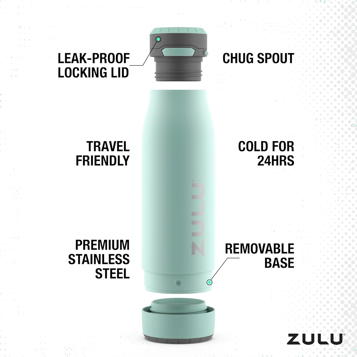 ZULU Ace Vacuum Insulated Stainless Steel Water Bottle with Chug Spout, Leak-Proof Locking Lid and Removable Base for School, Backpack, Sports, Gym, Travel
