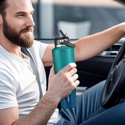 HYDROWION 32oz Stainless Steel Water Bottle(Cold for 48 Hrs, Hot for 24 Hrs),Double Wall Vacuum Insulated Water Bottle with Straw Lid, Spout Lid and Flex Cap, Fit in Any Car Cup Holder,Black