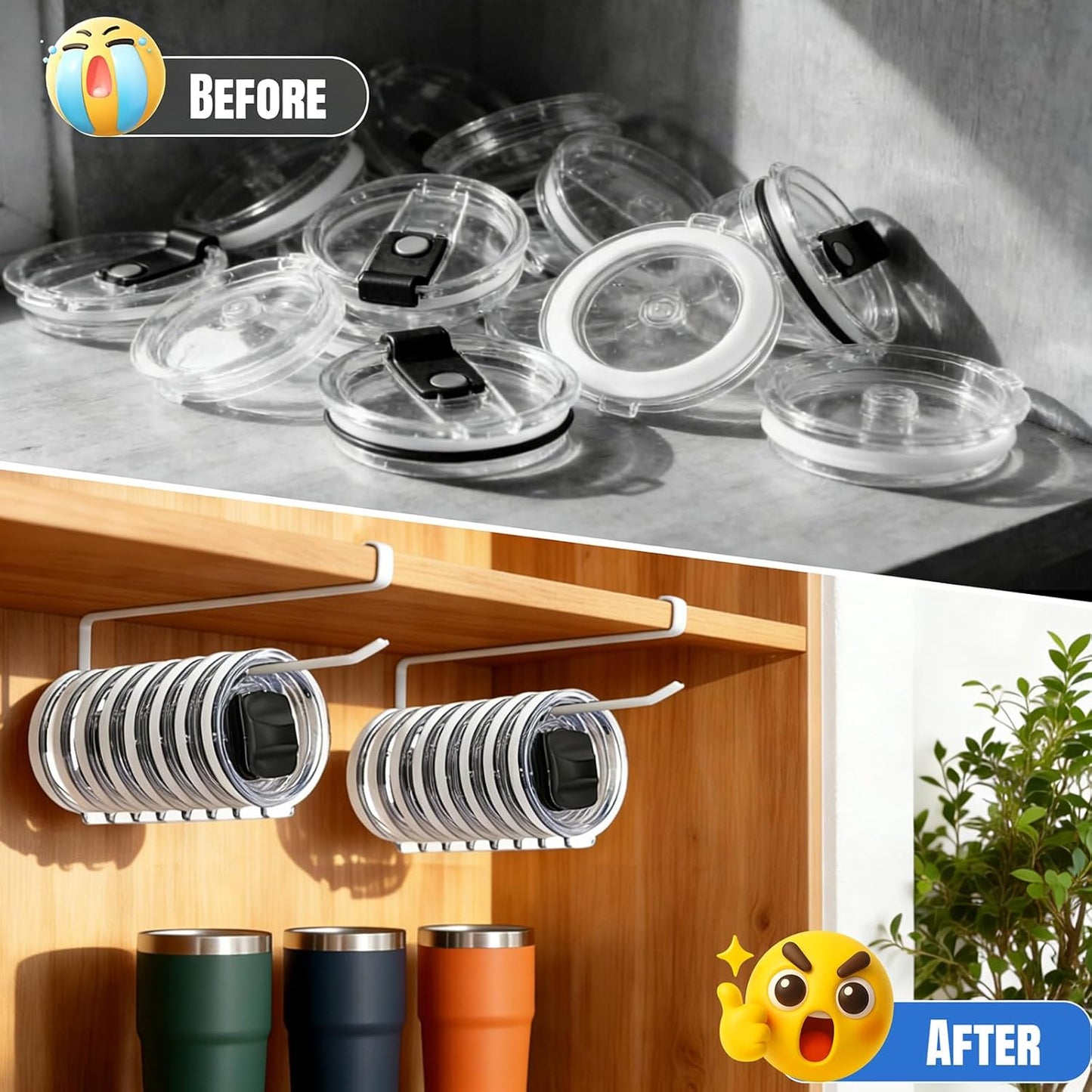 2 Pack Tumbler Lid Organizer, Versatile Cup & Water Bottle Lid Holder, Upgraded Kitchen Space Saver & Under Cabinet Storage, No Adhesive or Drilling Needed, Multi-Use Tumbler Lid Holder, Black
