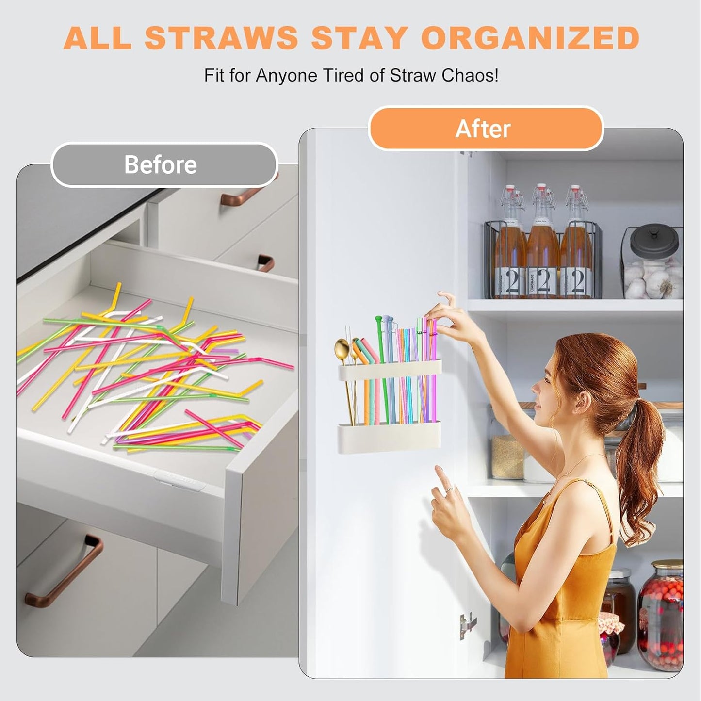 9.6'' Large Straw Holder for Cabinet Door, Soft Silicone Straw Organizer Storage Container, Space-Saving Reusable Straws Dispenser, Kitchen Organizer Accessories for Cabinet Cupboard Counter RVs