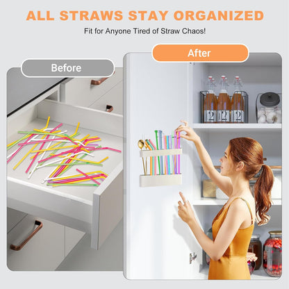 9.6'' Large Straw Holder for Cabinet Door, Soft Silicone Straw Organizer Storage Container, Space-Saving Reusable Straws Dispenser, Kitchen Organizer Accessories for Cabinet Cupboard Counter RVs