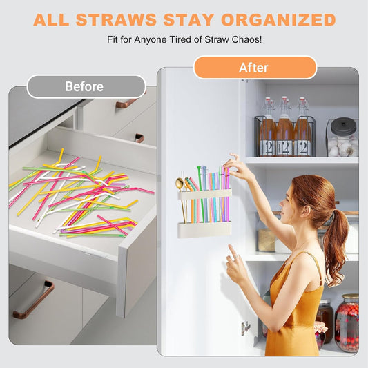 9.6'' Large Straw Holder for Cabinet Door, Soft Silicone Straw Organizer Storage Container, Space-Saving Reusable Straws Dispenser, Kitchen Organizer Accessories for Cabinet Cupboard Counter RVs
