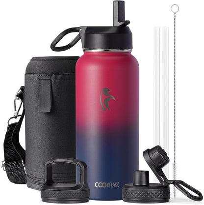 Half Gallon Water Bottle Insulated with Straw & 3 Lids, Coolflask 64 oz Water Jug Large Metal Stainless Steel Wide Mouth for Sports, Gym or Office, Non-BPA Keep Cold 48H Hot 24H, Samurai Cyan