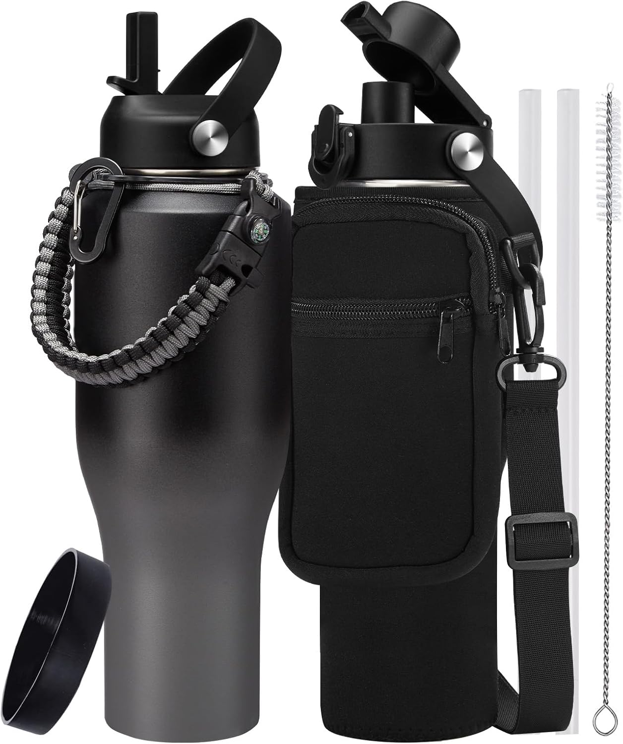 Insulated Water Bottle 40 oz - Fits in any Car Cup Holder, Keep Cold 48H Hot 24H, Stainless Steel Waterbottle Double Wall Flask with Straw, Pop-up Spout Lid, Paracord Handle, Carrier Bag