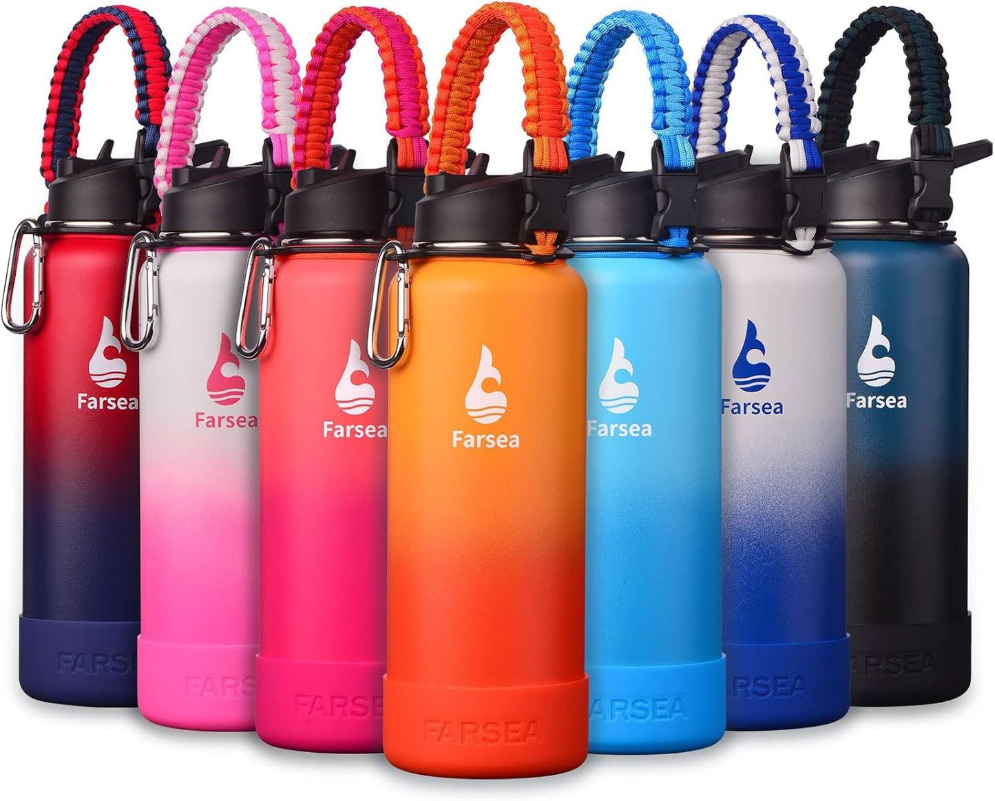 Farsea Insulated Water Bottle With Paracord Handle, Protective Silicone Boot and 2 Lids (Straw Lid & Spout Lid), Stainless Steel Water Bottle Wide Mouth, Double Wall Sweat-Proof BPA-Free, 24 oz