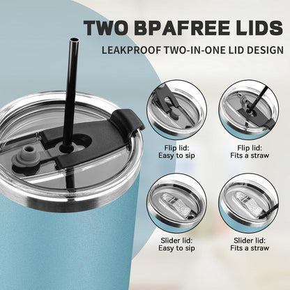 20 oz Tumbler with Lids and Straws, Stainless Steel Insulated Coffee Tumbler, Double Wall Vacuum Insulated Travel Mug Cup, Leakproof Thermal Coffee Cup for Hot and Cold Drinks (azure blue)