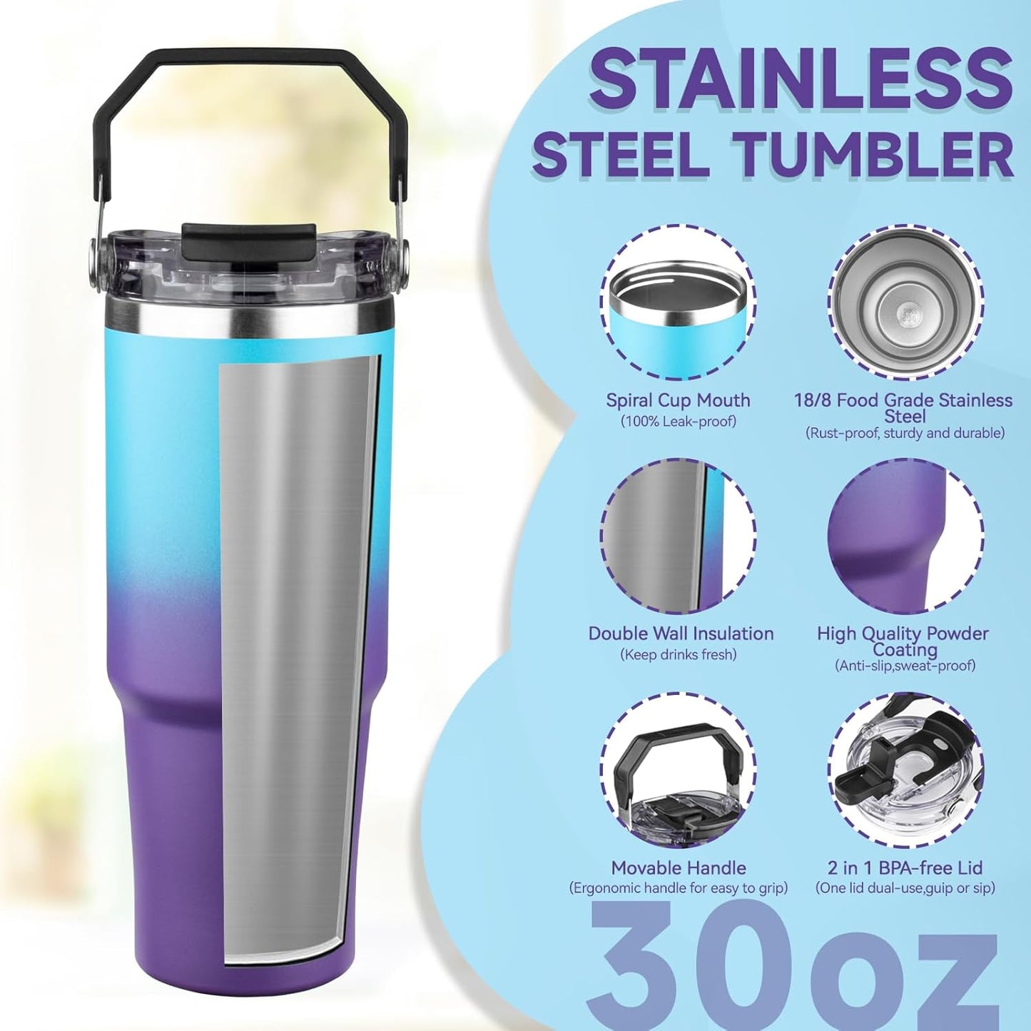 30oz Tumbler with Handle and Flip Straw Lid Double Wall Insulated Travel Coffee Mug Stainless Steel Vacuum Insulated Coffee Tumbler Cup for Hot and Cold Beverages,Leak-proof&BPA-free (30oz,Black)