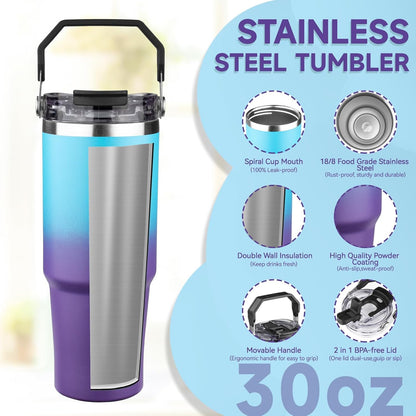 30oz Tumbler with Handle and Flip Straw Lid Double Wall Insulated Travel Coffee Mug Stainless Steel Vacuum Insulated Coffee Tumbler Cup for Hot and Cold Beverages,Leak-proof&BPA-free (30oz,Black)