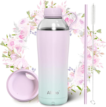 Allcho Insulated Water Bottle for Women, 18oz Stainless Steel Leak Proof Tumbler with 2 Lids, BPA-Free Tritan Chug & Straw Lid, Double Wall Vacuum Flask