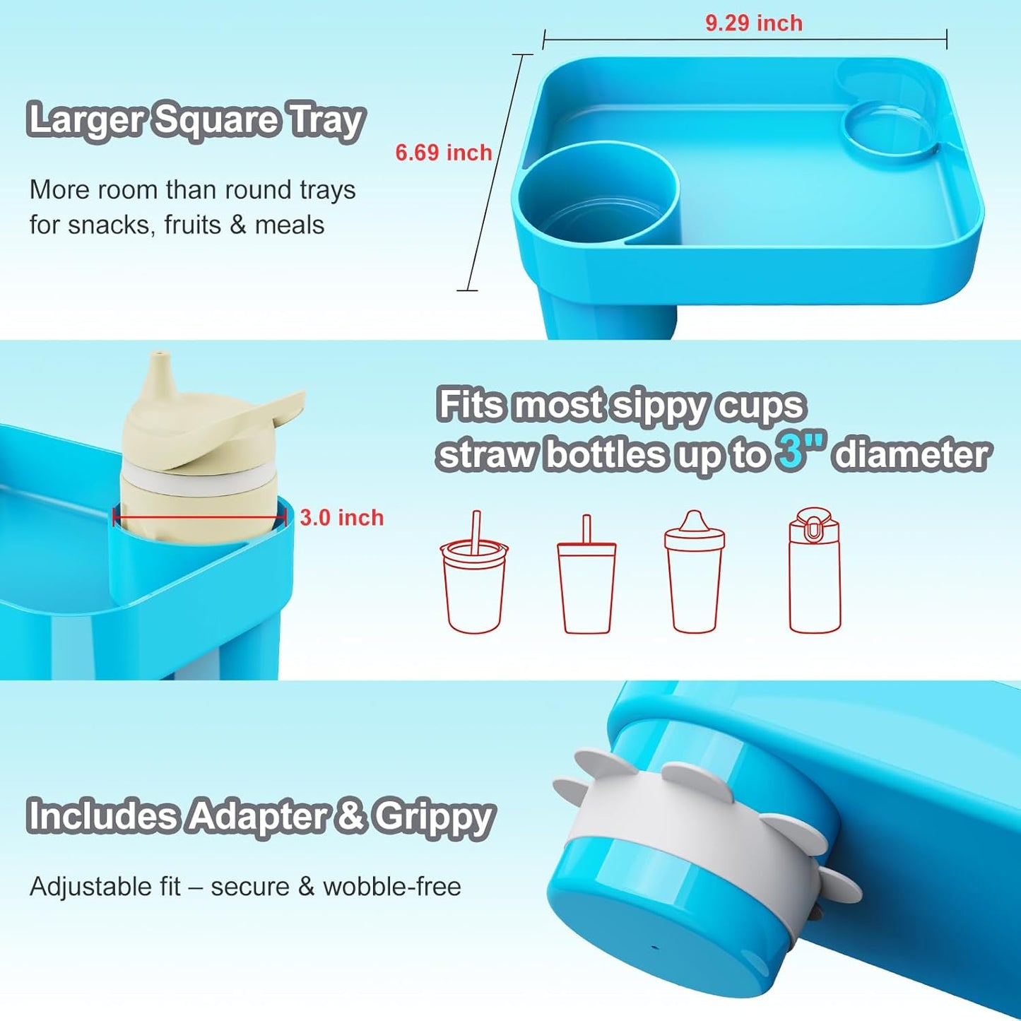 Car Seat Snack Tray for Toddlers - 3 Inch Cup Holder Fits Most Sippy Cups & Straw Bottles with Dip Well, Mess-Free Square Kids Travel Tray Road Trip Essentials, Black
