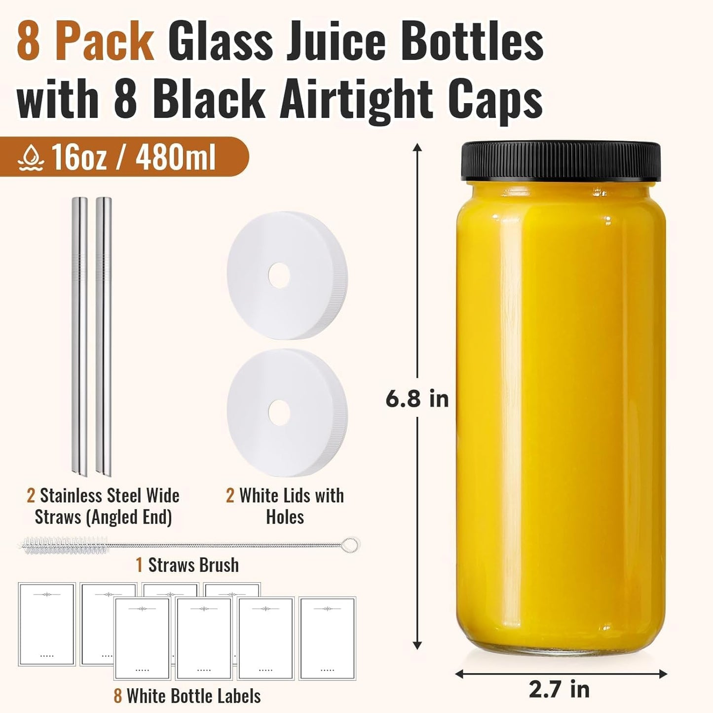 8 Pack 16OZ Glass Juice Bottles with 8 Airtight Lids & 2 Straw Lids & 2 Straws - Freezable Juice Container, Travel Juicing Jars, Drinking Water Cups - Reusable Tall Mason Jar for Tea, Juice, Smoothies