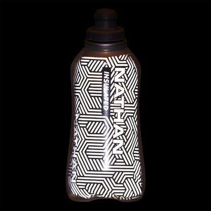 Nathan SpeedDraw 2 Insulated Handheld Running Water Bottle Flask 18oz – Double-Wall Insulation, Ergonomic Grip, Blast Valve Cap, Phone & Key Storage Pockets, Reflective Design