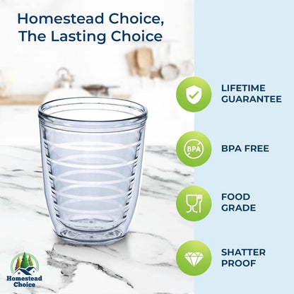 Homestead Choice 16oz Insulated Tumblers Plastic Keeps Drinks Cold & Hot, 4pack Double Walled Clear Insulated Drinking Glasses Cup, BPA-Free, Reusable, Camping, Travel, Kitchen, Party
