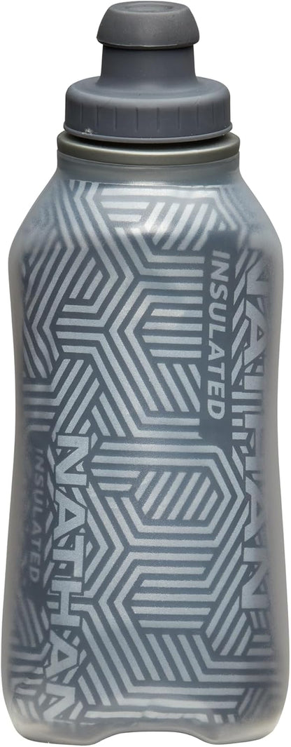 Nathan SpeedDraw 2 Insulated Handheld Running Water Bottle Flask 18oz – Double-Wall Insulation, Ergonomic Grip, Blast Valve Cap, Phone & Key Storage Pockets, Reflective Design