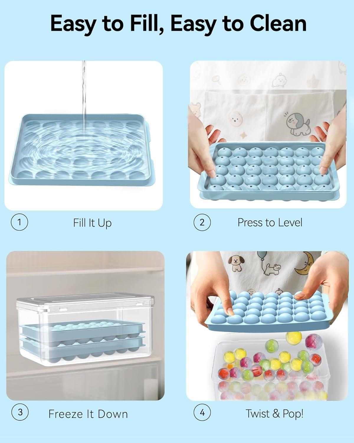 Ice Cube Trays with Lid and Bin, BPA-Free Mini 0.8 Inch Sphere Ice Molds, 2-Pack Small Round Ice Ball Trays, Easy Release, Includes Scoop & Ice Storage Box for Cocktails, Coffee