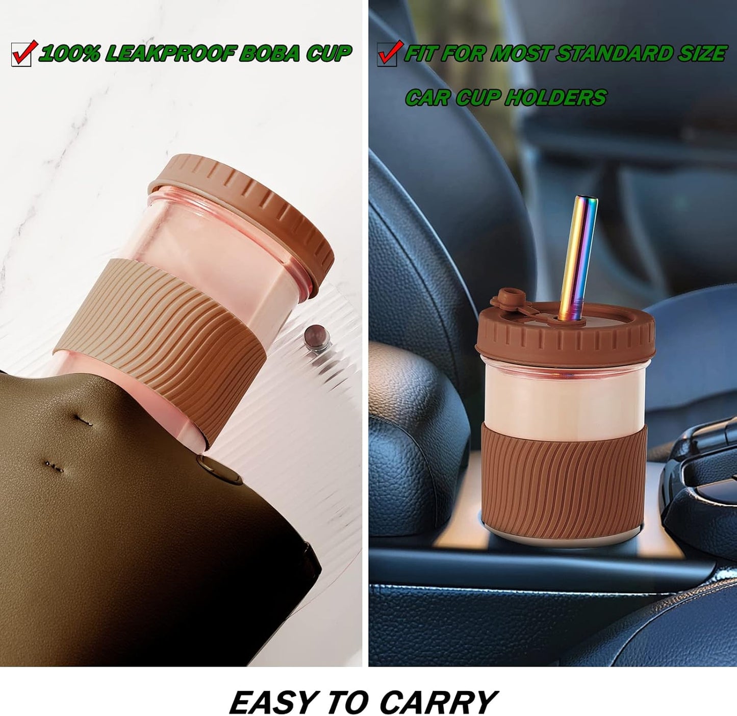 Amyoole 2 Pack Reusable Boba Cup, 24Oz Wide Mouth Smoothie Cup,mason Jar Glass Cups with Lids and Straws,Bubble/Boba Tea Cups,Ice Coffee Tumbler 2 colored straws 1 sponge brush(Pink)