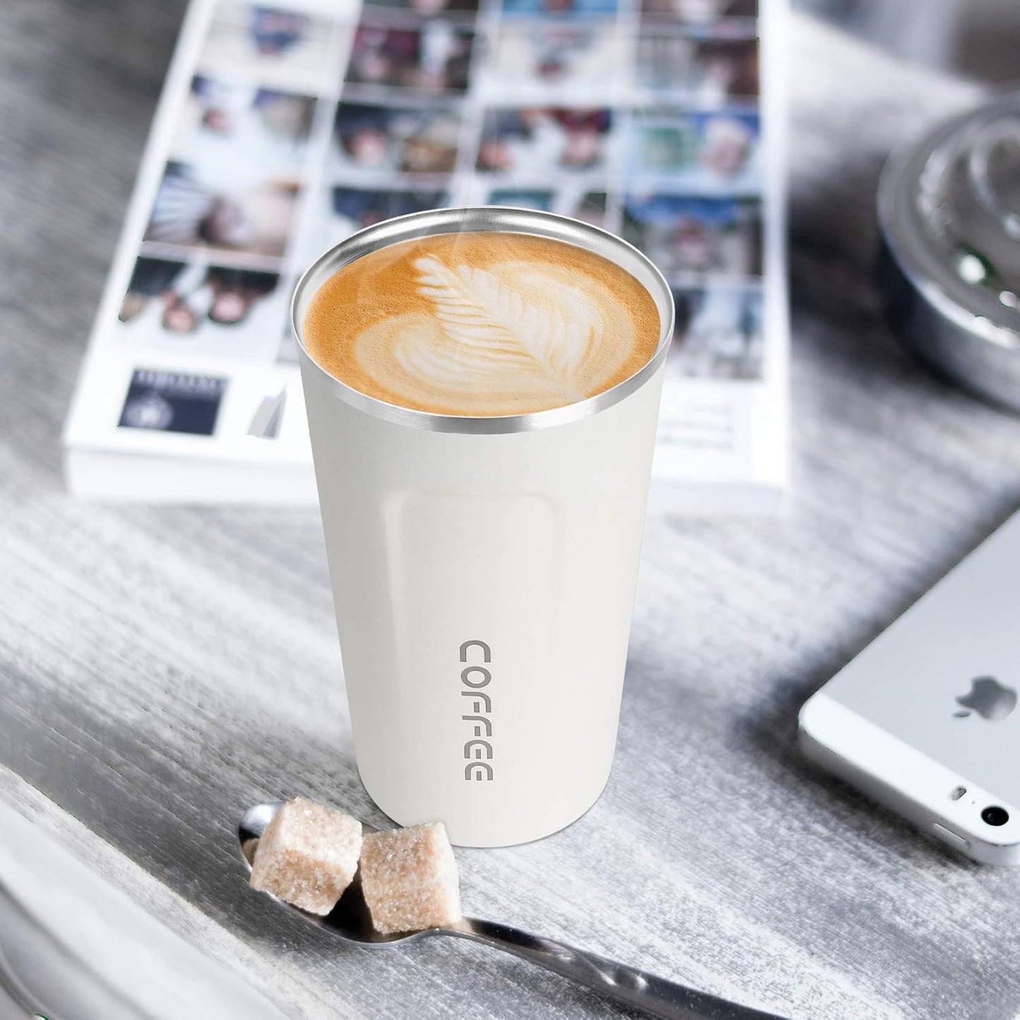 17oz (510ml) Vacuum Insulated Coffee Travel Mug, Leak proof Double Wall Stainless Steel Reusable Cup with Lid, Thermal Tumbler for Hot and Cold Drinks, Matte Texture White