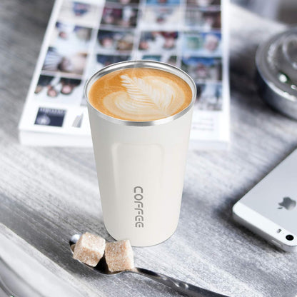 17oz (510ml) Vacuum Insulated Coffee Travel Mug, Leak proof Double Wall Stainless Steel Reusable Cup with Lid, Thermal Tumbler for Hot and Cold Drinks, Matte Texture White