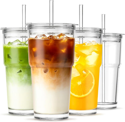 INSETLAN 13oz Portable Glass Tumblers Set of 2, Thick Wall Glass Cups with Lid and Glass Straw, On-the-Go Coffee Cups for Iced Coffee, Tea, Milk, Hot & Cold Drinks, Travel & Daily Use