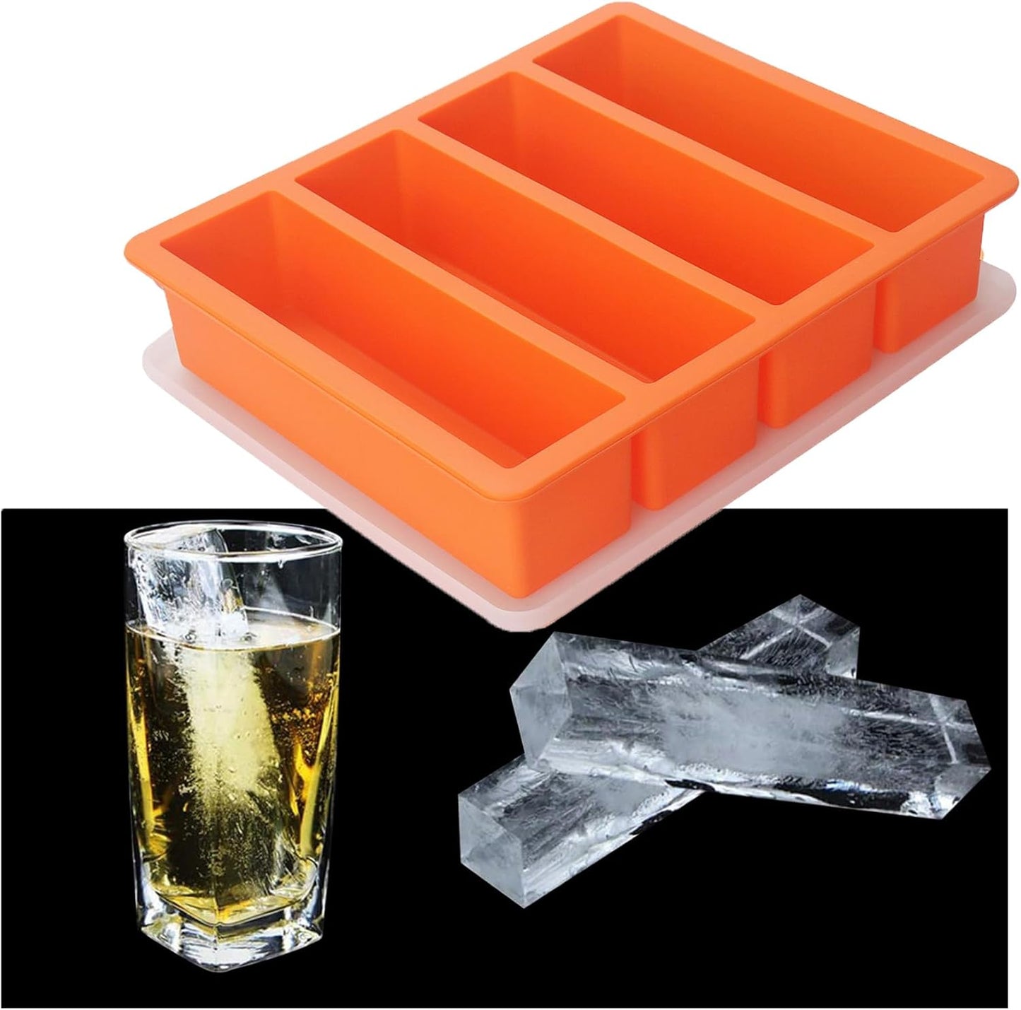 Large and Long Ice Cube Tray 2 Pack Silicone Freezing Container Sticks with Lid for Whiskey, Water Bottle, Food Leftovers and Baking (2pack Orange)