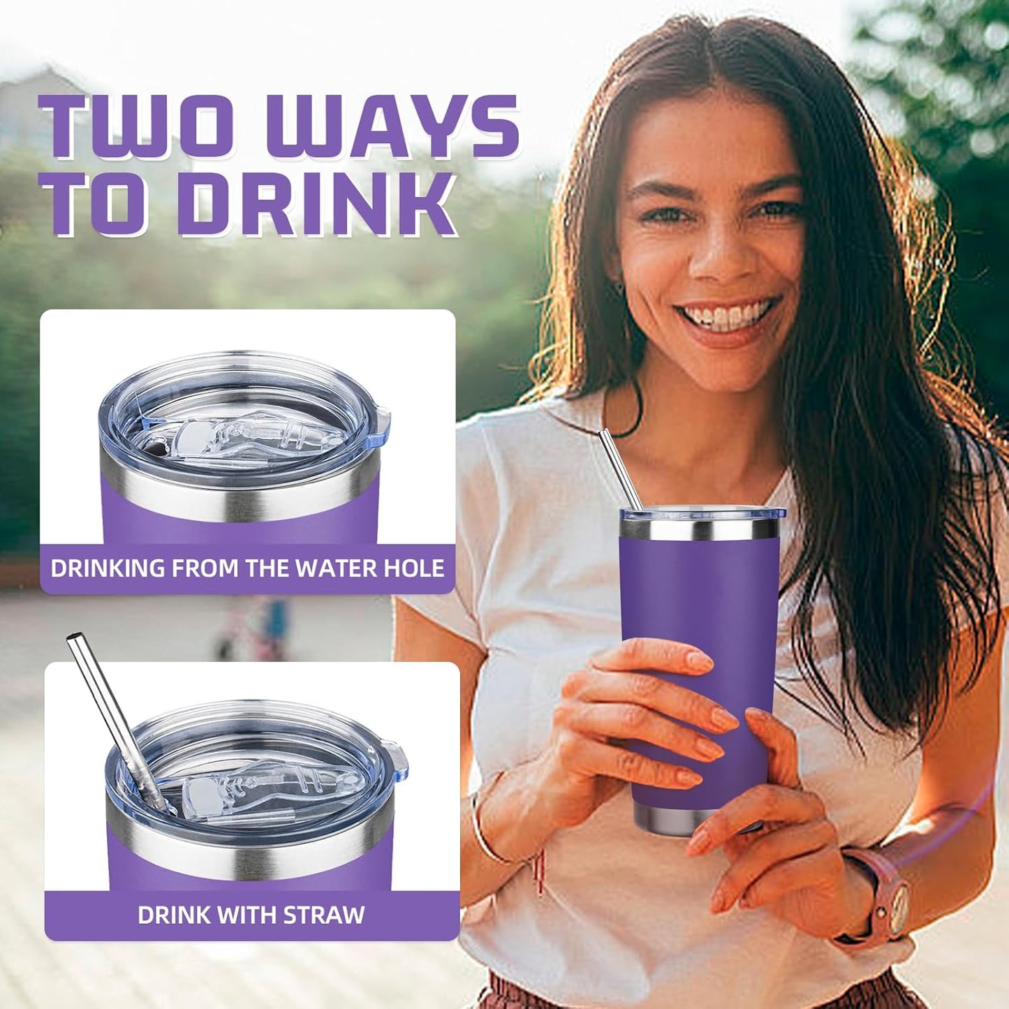 20 oz Tumbler with Lids and Straws, Stainless Steel Insulated Travel Coffee Mug, Double Wall Vacuum Insulated Tumblers, Powder Coated Coffee Tumbler for Cold & Hot Drinks (Light Purple)