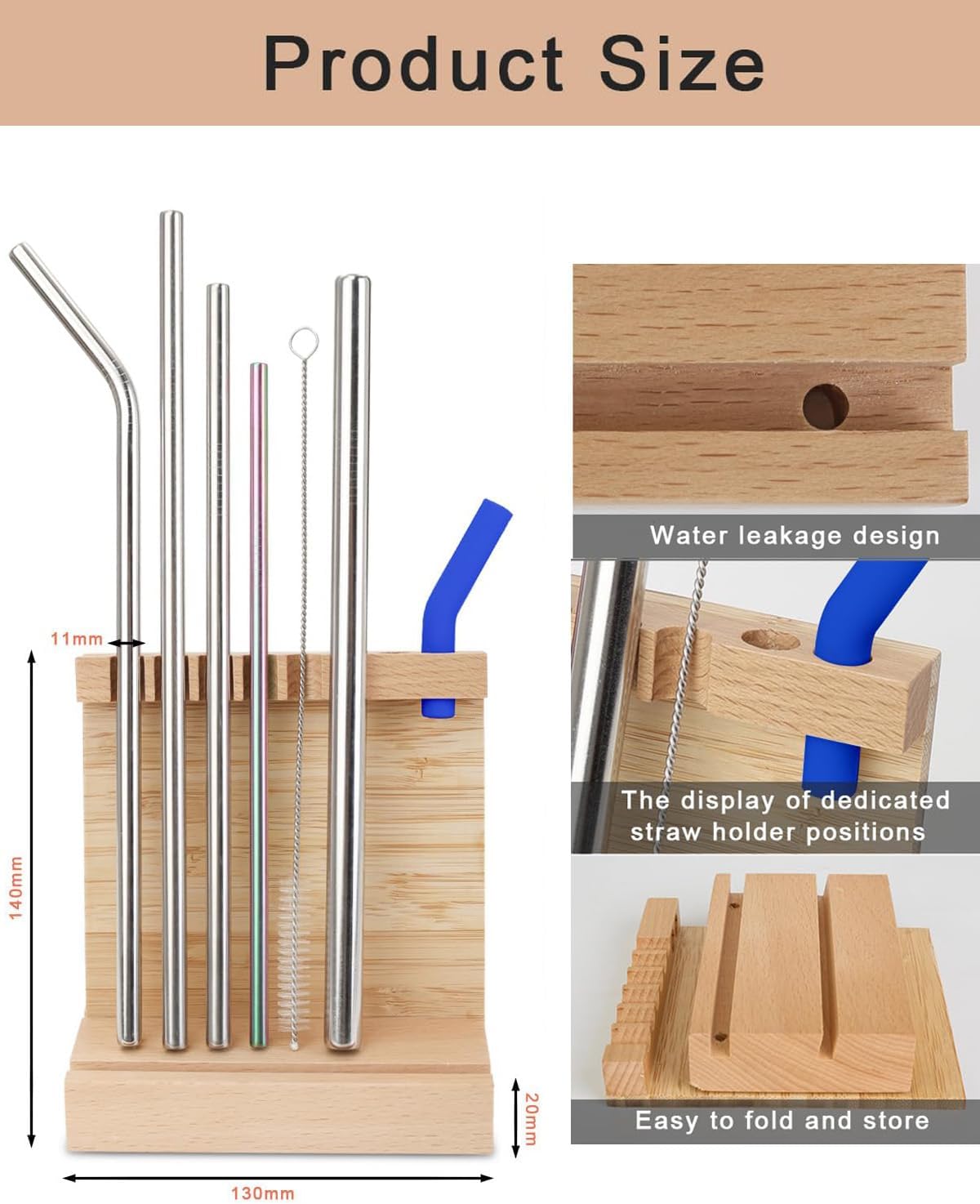 Straw Drying Rack, Drinking Straw Holder, Foldable Bamboo Straw Holder, Space Saving Wooden Straw Holder for Reusable Juice Coffee Drinks Straw Stirrer