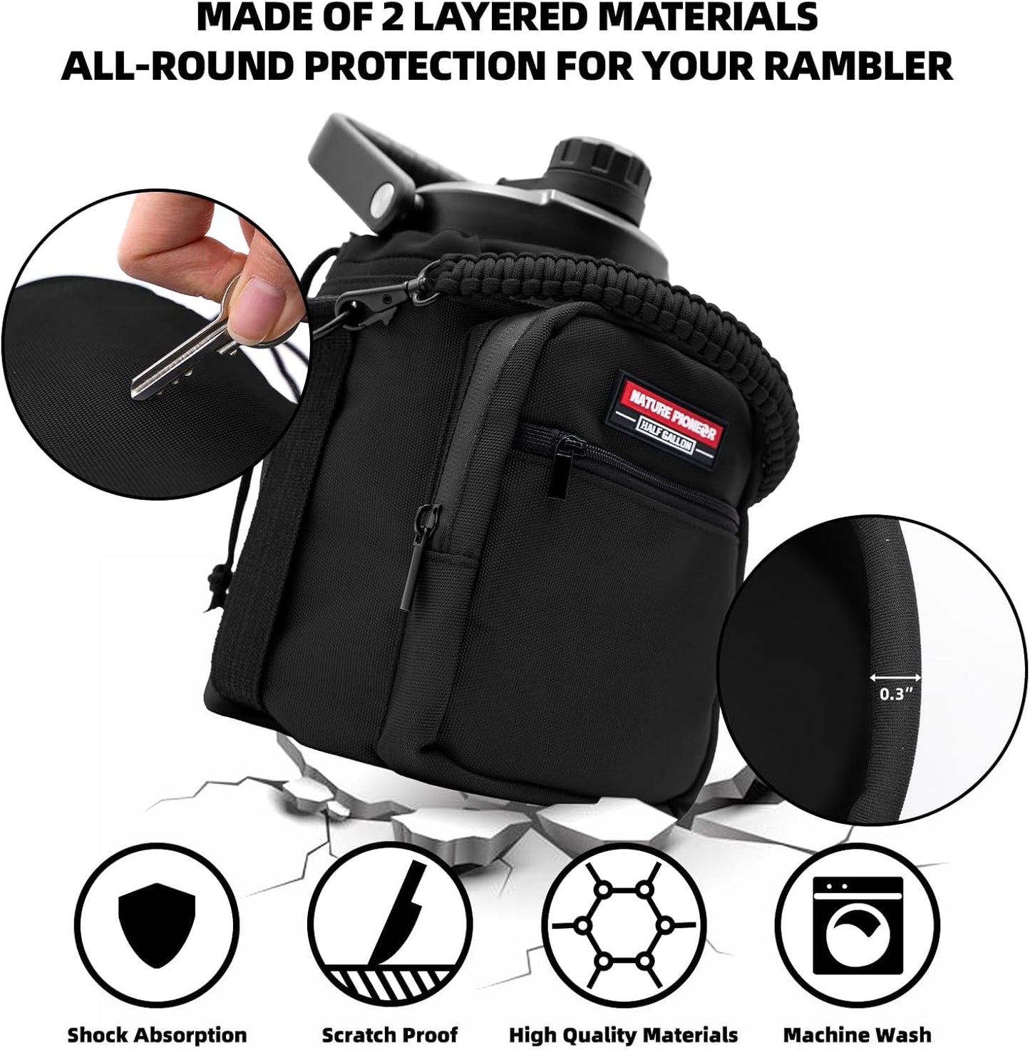NATURE PIONEOR Water Bottle Holder with Adjustable Strap - Half/One Gallon (64/128oz) Insulated Water Bottle Sling Carrier with Phone Pocket & Paracord Handle, Outdoor Camping, Hiking, Gym
