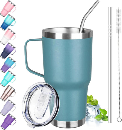 40 oz Tumbler with Handle, Insulated Tumbler with Lid and Straw, Reusable Stainless Steel Vacuum Insulated Cup, 100% Leak Proof Thermal Travel Coffee Mug Cup for Cold and Hot (Light Purple)