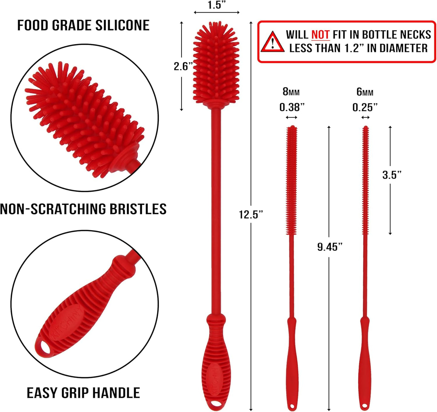Kitchiny Silicone Bottle Brush with 2 Straw Cleaners - 12.5” Water Bottle Cleaner Brush for Yeti, Hydro Flask, Owala, Stanley, Baby Bottles, Glassware, Vases & Narrow Neck Containers - Orange