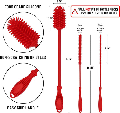 Kitchiny Silicone Bottle Brush with 2 Straw Cleaners - 12.5” Water Bottle Cleaner Brush for Yeti, Hydro Flask, Owala, Stanley, Baby Bottles, Glassware, Vases & Narrow Neck Containers - Orange