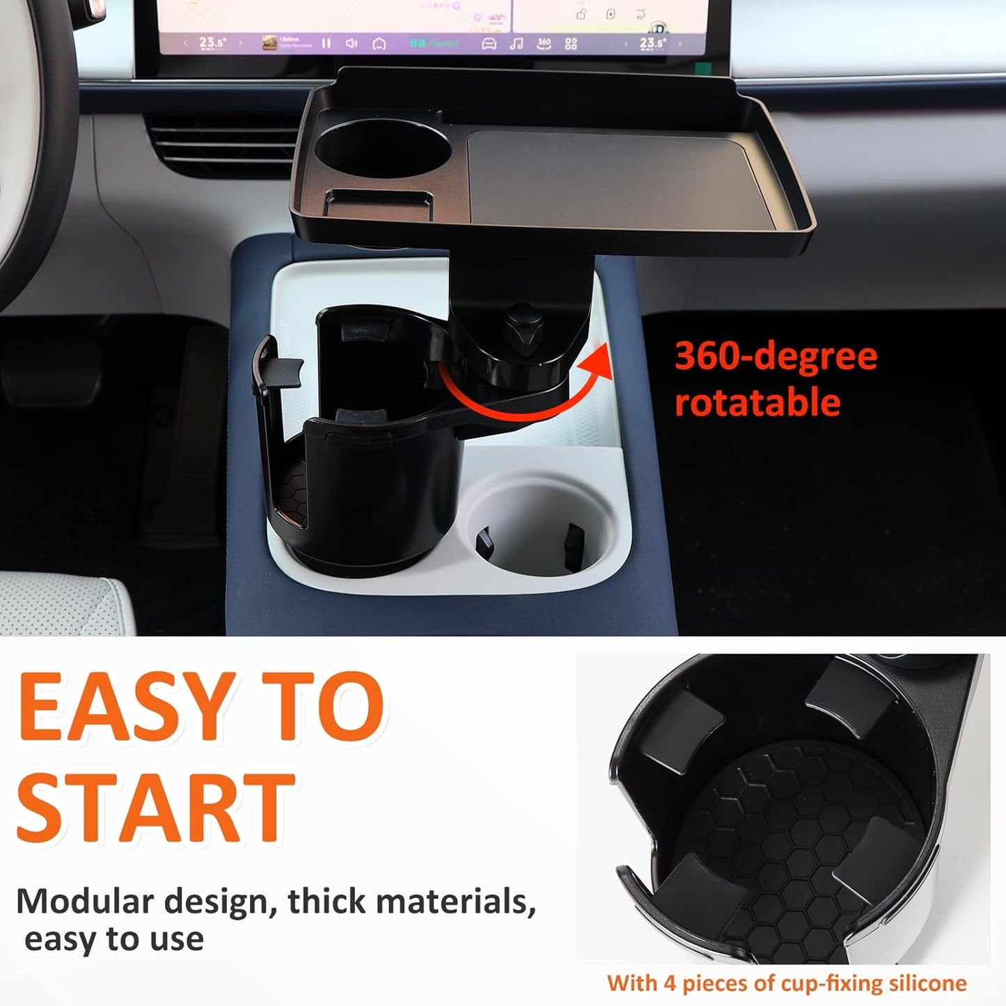 Car Large Cup Holder Expander, 5-in-1 Cupholder Extender with Phone Holder & Swivel and Detachable Snack Food Tray Table for Eating, Travel Essentials for Road Trips for Driver. Model C