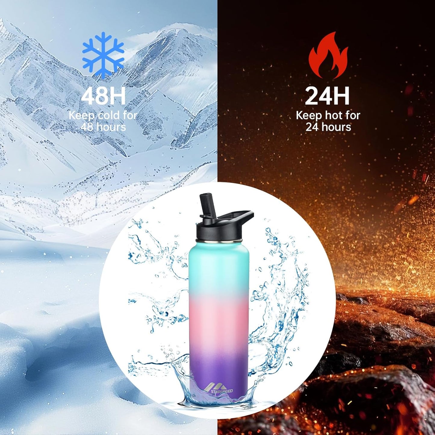 StarSpeed 32oz Insulated Water Bottle with Straw Lid, Stainless Steel Double Walled Vacuum Water Flask, Wide Mouth Sports Water Bottle for Gym Camping Hiking, Indigo Black
