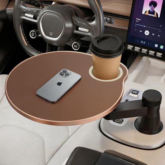 Car Cup Holder Tray Desk, 360° Rotating Black Walnut Solid Wood Food Car Table - Steering Wheel Tray Road Trip Essentials Accessories for Tesla Model Y/3/S, Ford F150 Most Vehicles
