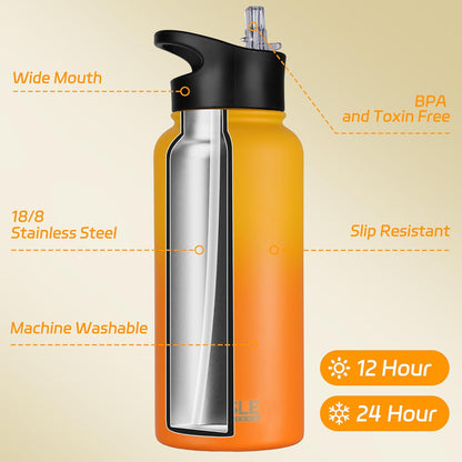 HASLE OUTFITTERS 32 oz Insulated Water Bottle Stainless Steel Double Walled Vacuum Sports Water Bottle with 2 Lids (Straw and Spout Lid) for Gym Camping Hiking(Black,1)
